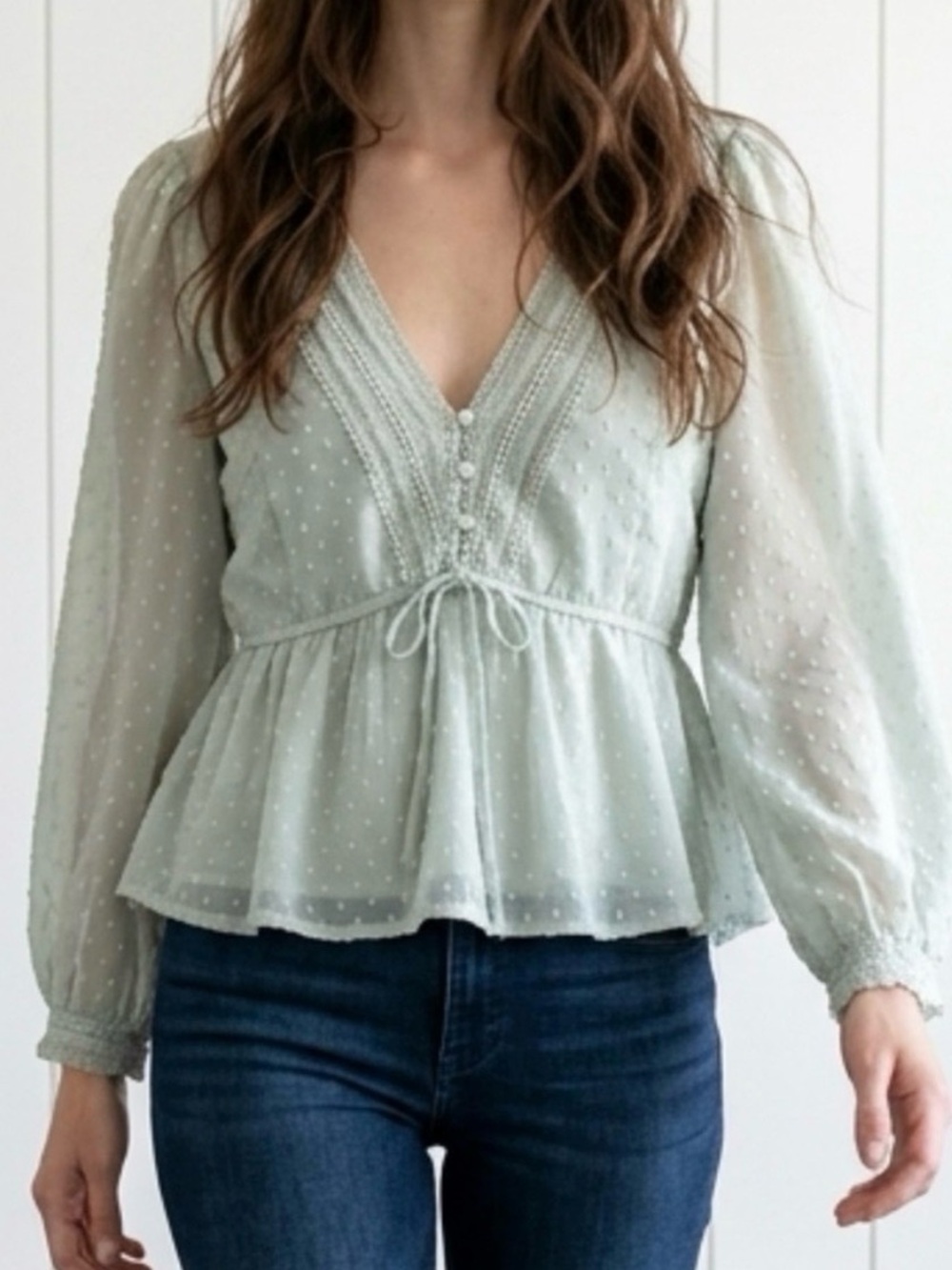 Abercrombie & Fitch Light Sage Swiss Dot Blouse